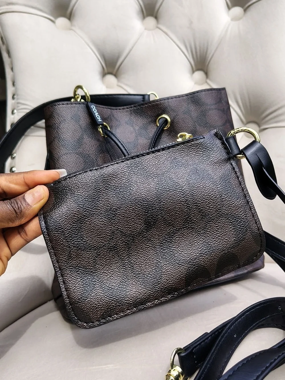 Coach Brown Signature Drawstring Tote with Black Trim and Gold Hardware